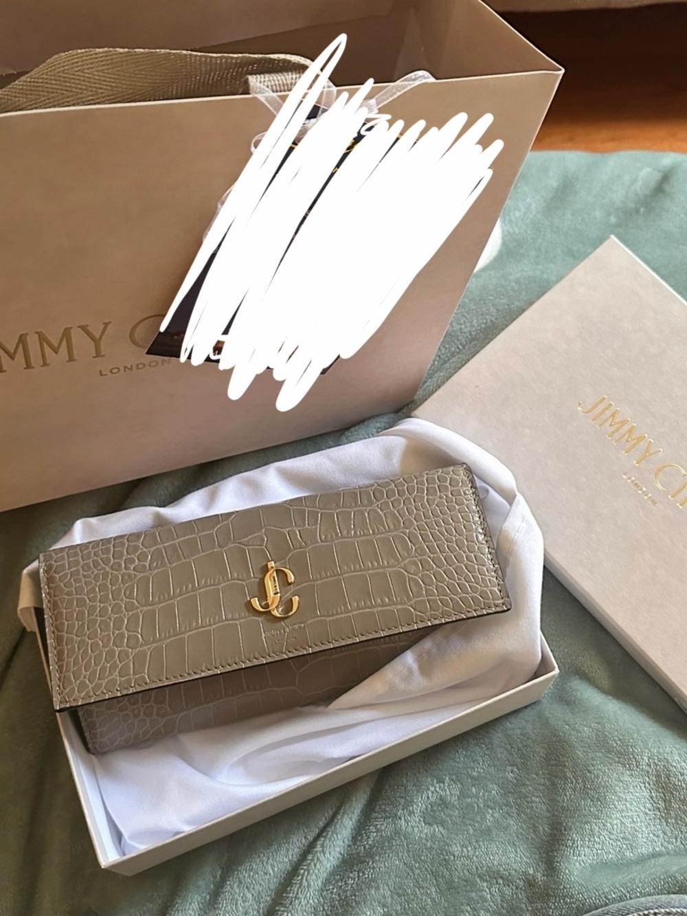 Jimmy Choo Taupe Croc-Embossed Clutch with Gold JC Logo